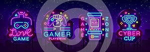 Video Game neon sign collection vector. Conceptual Logos, Love Game, Gamer logo, Game Zone, Cyber sport Emblem in Modern