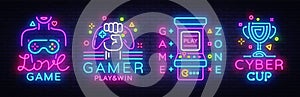 Video Game neon sign collection vector. Conceptual Logos, Love Game, Gamer logo, Game Zone, Cyber sport Emblem in Modern photo