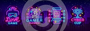 Video Game neon sign collection vector. Conceptual Logos, Love Game, Gamer logo, Game Zone, Cyber sport Emblem in Modern photo