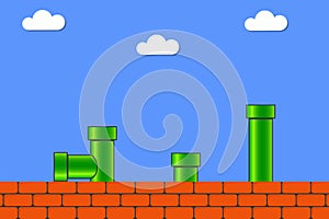 Video game in old style. Retro display background for game with bricks and pipe or tube. Vector.