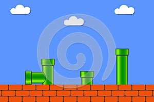 Video game in old style. Retro display background for game with bricks and pipe or tube. Vector. photo