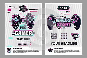 Video game posters set. Gamer competition banners template. Glitch style graphic with console gamepad. Vector flyer