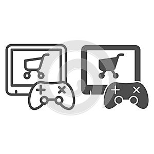 Video game purchase line and glyph icon. Game console and shopping cart vector illustration isolated on white. Game