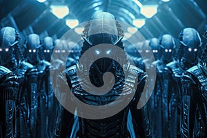 Video game scene portraying a menacing Alien Army, blending biomechanics and future-war aesthetics