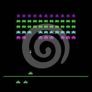 Video game with space, invaders, aliens. Retro style computer game template. Vector Illustration