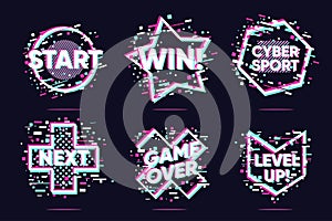 Video game vector icons. Glitch style lable set. Cyberpunk vector elements. Hologram UI