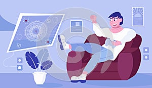 Video gamer concept vector. Video game streamer in virtual glasses. Cyber sport, pro gamer is sitting on sofa