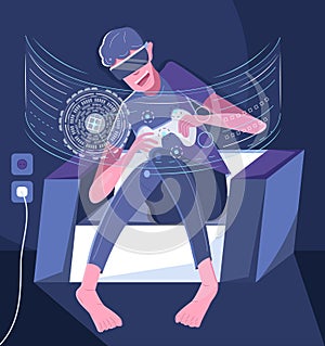 Video gamer concept vector. Video game streamer in virtual glasses. Cyber sport, pro gamer is sitting on sofa in night