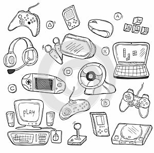 Video Games Computer Player Doodle Icons Sketch. Hand drawn Design Vector