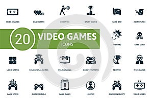 Video Games icon set. Contains editable icons video games theme such as live hearts, sport games, adventures and more.