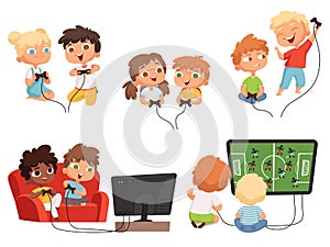 Video games kids. Console gaming children playing together with joystick controllers home television fun vector