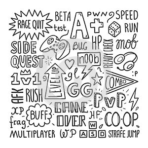 Video games lettering poster template, hand drawn vector illustration