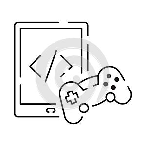 Video games line icon. Game genres and attributes. Controller, joystick and computer. Game console