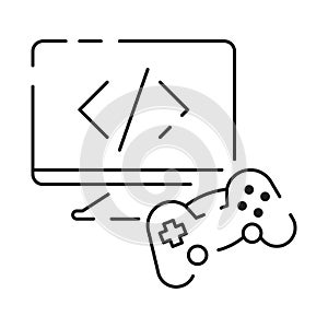 Video games line icon. Game genres and attributes. Controller, joystick and computer. Game console