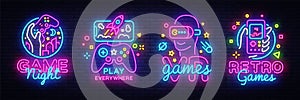 Video Games logos collection neon sign Vector design template. Conceptual Vr games, Retro Game night logo in neon style