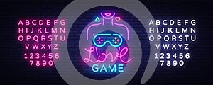 Video Games Vector Conceptual Logo. Love Game neon sign, modern trend design, bright vector illustration, promotional