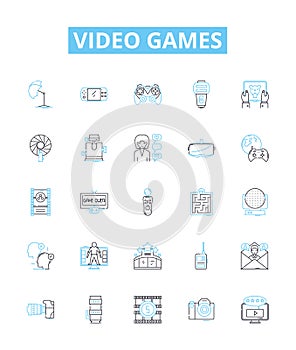 Video games vector line icons set. Gaming, consoles, Xbox, PlayStation, Nintendo, Action, RPG illustration outline