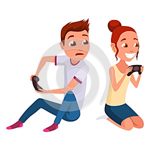 Video gaming kids. Boy and girl playing games on joystick on game console. Kids video game addiction. Joyful teenagers