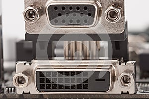 Video graphics adapter, VGA port and DVI-D port on motherboard.