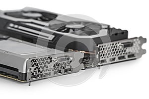 Two Video Graphics cards with powerful GPU isolated on white background photo