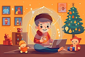 video happy baby home computer laptop chat cyberspace child christmas. Generative AI.