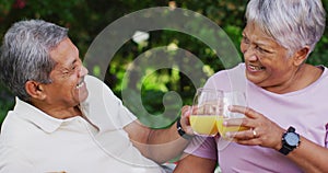 Video of happy biracial senior couple having picnic in garden