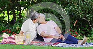 Video of happy biracial senior couple kissing and having picnic in garden