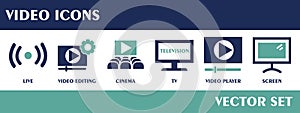 Video icons. Containing live, video editing, cinema, tv, video player, screen . Flat Design Vector Set