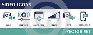 Video icons. Containing media, streaming, online video, volume, mute, mobile video. Flat Design Vector Set