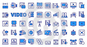 Video icons in line design blue. Vlog, movie, motion, play, video editor, media, creation, videography, content