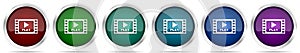 Video icons, set of silver metallic glossy web buttons in 6 color options isolated on white background