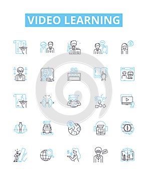 Video learning vector line icons set. Video, Learning, Course, Tutorial, Lesson, Education, E-learning illustration