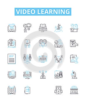 Video learning vector line icons set. Video, Learning, Course, Tutorial, Lesson, Education, E-learning illustration