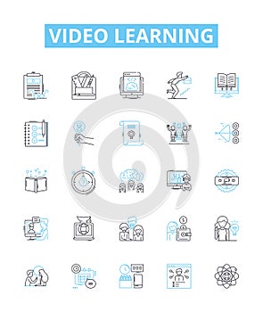 Video learning vector line icons set. Video, Learning, Course, Tutorial, Lesson, Education, E-learning illustration