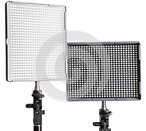 Video led light set with two panels, vertical with soft filter and horizontal with hard light, isolated on a white background