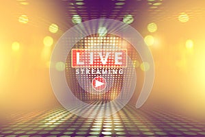 Video live streaming text in concert hall with colourful light background, television broadcast in main streaming concept