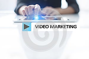 Video marketing, advertising concept on virtual screen.