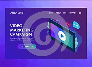 Video marketing campaign, online advertising in digital vlog content. Media marketing strategy for video blog promotion.
