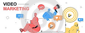 Video marketing concept in flat cartoon design for web banner. People analyzing market trends, creating viral video photo