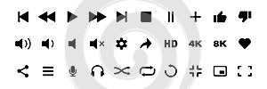 Video media player icons vector set. multimedia music audio control. mediaplayer interface symbols. play, pause, mute sign.