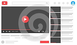Video and media player interface, layout mockup. Vector ui template of video player with channels for computer. Window web page