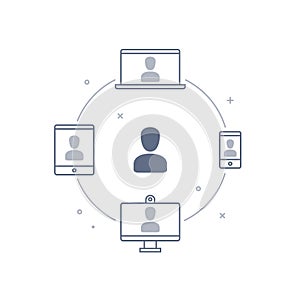 Video meeting icon isolated on white background. Connect different devices to join online meetings