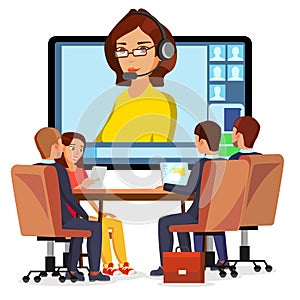 Video Meeting Online Vector. Woman And Chat. Ceo And Employees. Business Meeting, Consultation, Conference Office