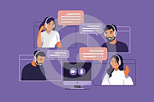 Video meeting of people group. Online meeting via video conference. Remote work, technology concept. Vector illustration in flat