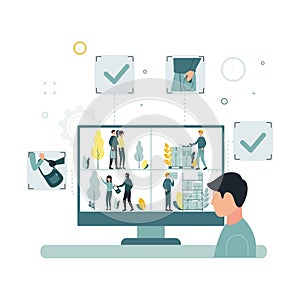 Video monitoring. A vector illustration of a man looks at the monitor screen, a video surveillance camera captures the theft of a