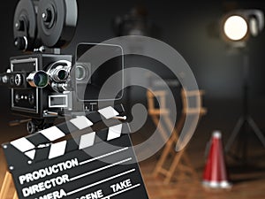 Video, movie, cinema concept. Retro camera, flash, clapperboard