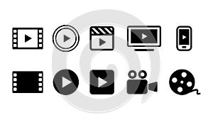 Video movie vod streaming button icon set vector illustration. White black color.