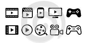 Video movie vod streaming button play button icon set vector illustration. White black