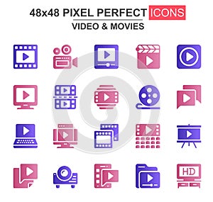 Video and movies glyph icon set.