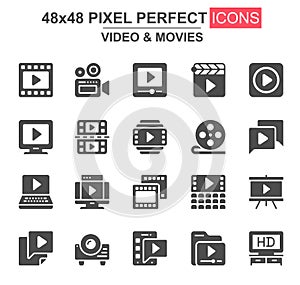 Video and movies glyph icon set. Film strip, reel, camera, clapperboard, cinema, video content, projector unique icons